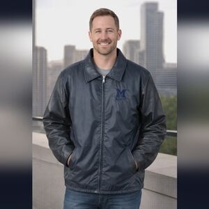 St. Michael Men's Jacket Nylon/Leather Sleeve Size L Zip Pockets Black Logo